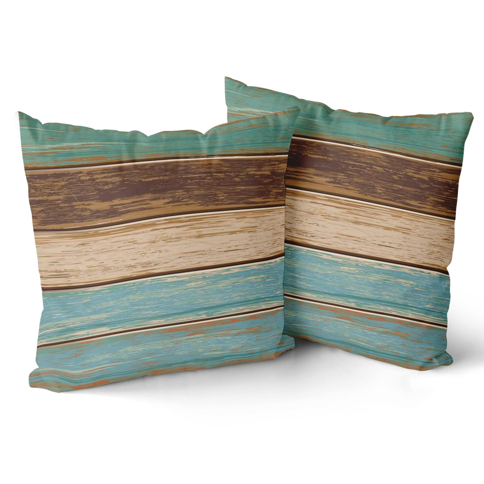 Zwifitt Farm Wood Cushion Covers Set of 2 18x18 Inch, Soft Cotton Retro Barn Teal Green Brown Throw Pillow Cases Plank Wooden Stripe Farmhouse Home Decor Gift for Outdoor Car Cabin Bedroom Couch Sofa