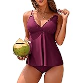 ANFILIA Two Piece Tankini Swimsuits for Women Scallop Trim V Neck Tankini Top with Bottom Tummy Control Bathing Suit