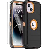 Annymall for iPhone 14 Plus Case with 2 Screen Protector, Heavy Duty Drop Protection Shockproof Rugged 3-Layer Military Tough Durable Protective Cover for Apple iPhone 14 Plus 6.7" (Black/Oranger)