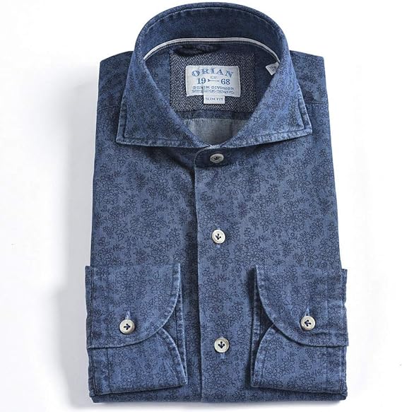 Amazon オリアン 年 春夏 Denim Division デニム シャツ ホリゾンタルカラー スリム Slim Fit 長袖 メンズ コットン 綿100 花柄 インディゴブルー 44 並行輸入品 シャツ 通販