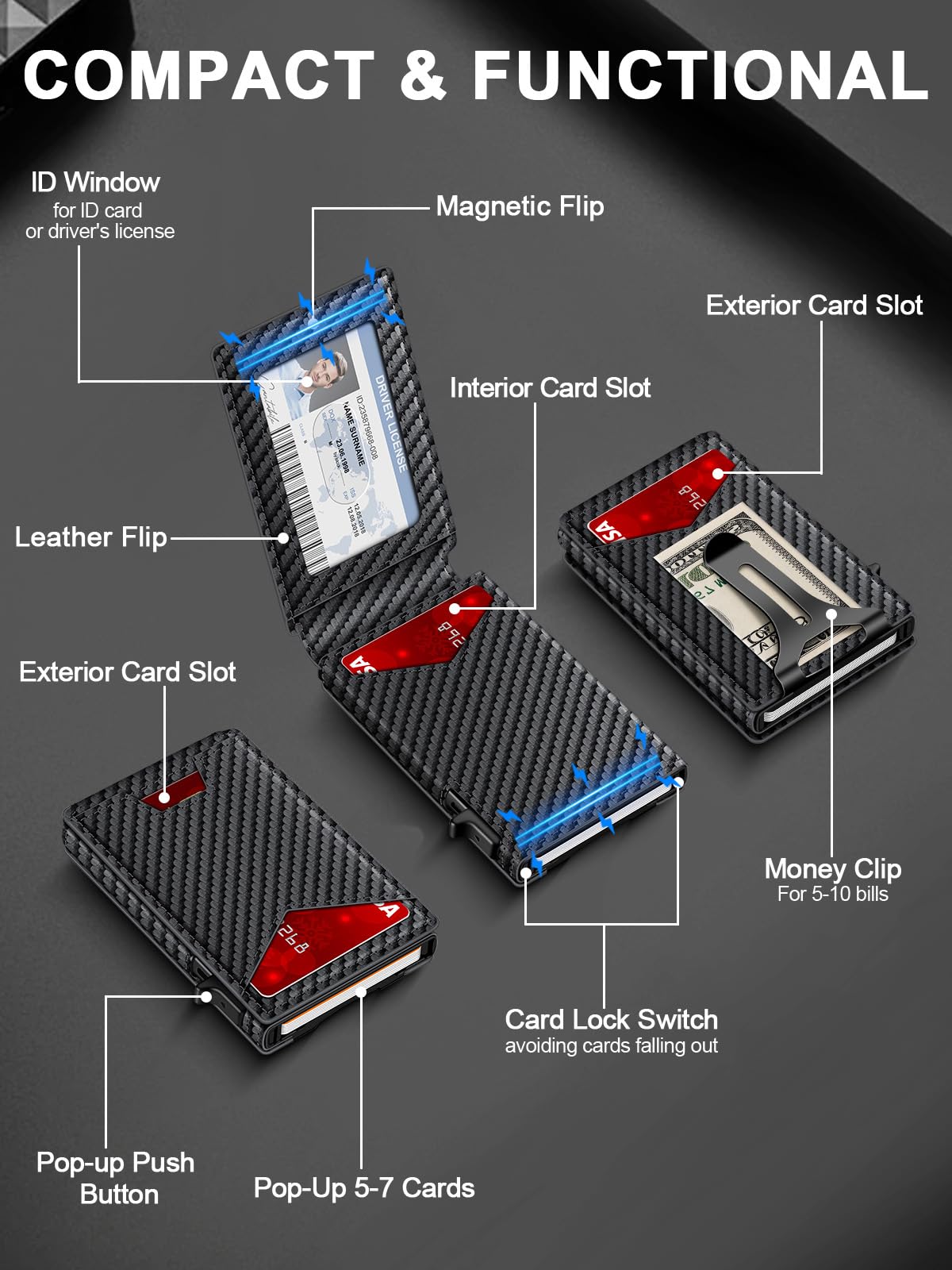 GHUKY Wallet for Men RFID Wallet with Money Clip, Slim Pop Up Card Holder for 10-12 Cards, Minimalist Smart Credit Card Case with ID Window, Bifold Metal Wallet for Front Pocket, Gifts for Men