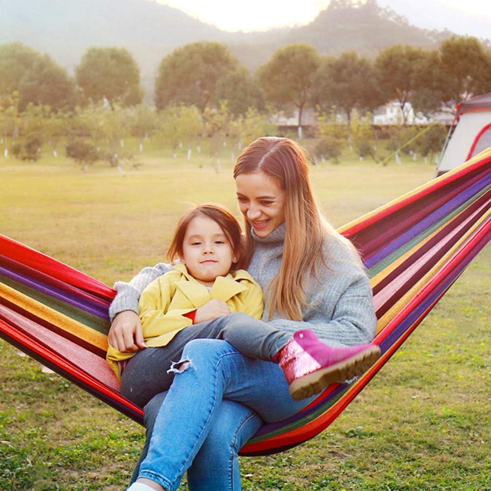 Rusee Double 2 Person Cotton Fabric Canvas Travel Hammocks 450lbs Ultralight Camping Hammock Portable Beach Swing Bed with Hardwood Spreader Bar Tree Hanging Suspended Outdoor Indoor Bed: Sports & Outdoors