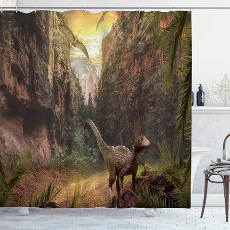 Amazon Kapanou 防水 シャワーカーテン 夕暮れと植物の谷のジュラ紀の恐竜の翼竜 かわいいシャワーカーテン ユニットバス バスルーム 芸術の装飾 180cmx180cm バスフック付き 取り付け簡単 シャワーカーテン ホーム キッチン オンライン通販