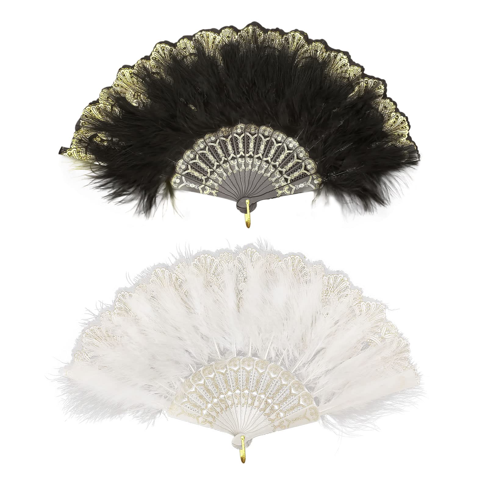 MIVAIUN 2 Pieces Folding Handheld Feather Fan Embroidered Flower Marabou Feather Fan, 20s Vintage Folding Fan, 1920s accessories for Costume Halloween Dancing Wedding Party Prom Tea Party (2 Pieces)
