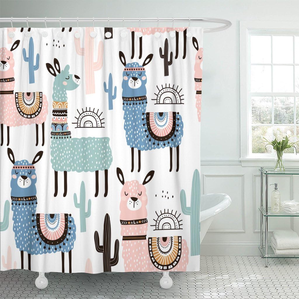 Amazon Com Emvency Shower Curtain Alpaca With Llama Cactus And