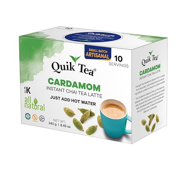QUIKTEA UNSWEETENED CARDAMOM CHAI TEA LATTE – 10 COUNT SINGLE BOX – ALL NATURAL PRESERVATIVE FREE AUTHENTIC CHAI
