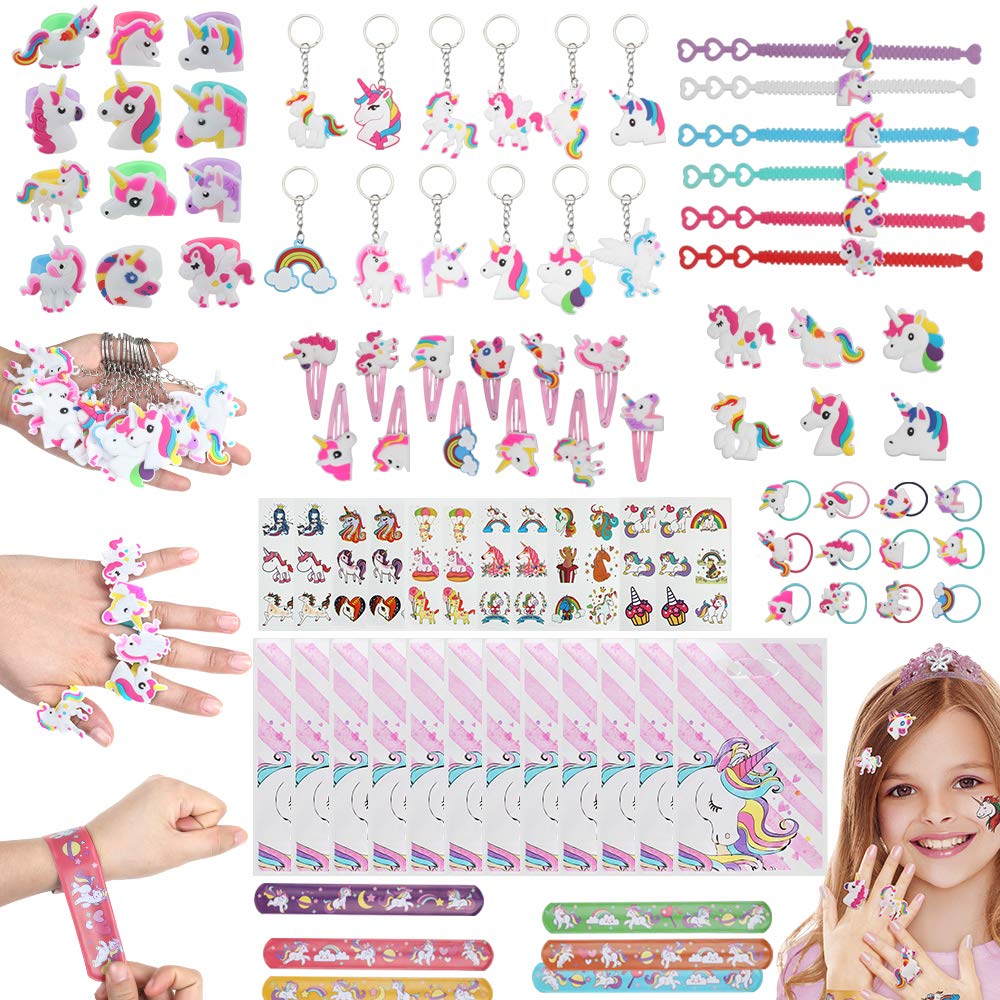 Anpro 90 PCS Girls Party Bag Fillers,Unicorn Party Bags Fillers for Kids,9 Different Goods,Hairpin,Slap Bracelets,Keychain,Temporary Tattoos Sticker and so on,Suitable for 3+ Girls