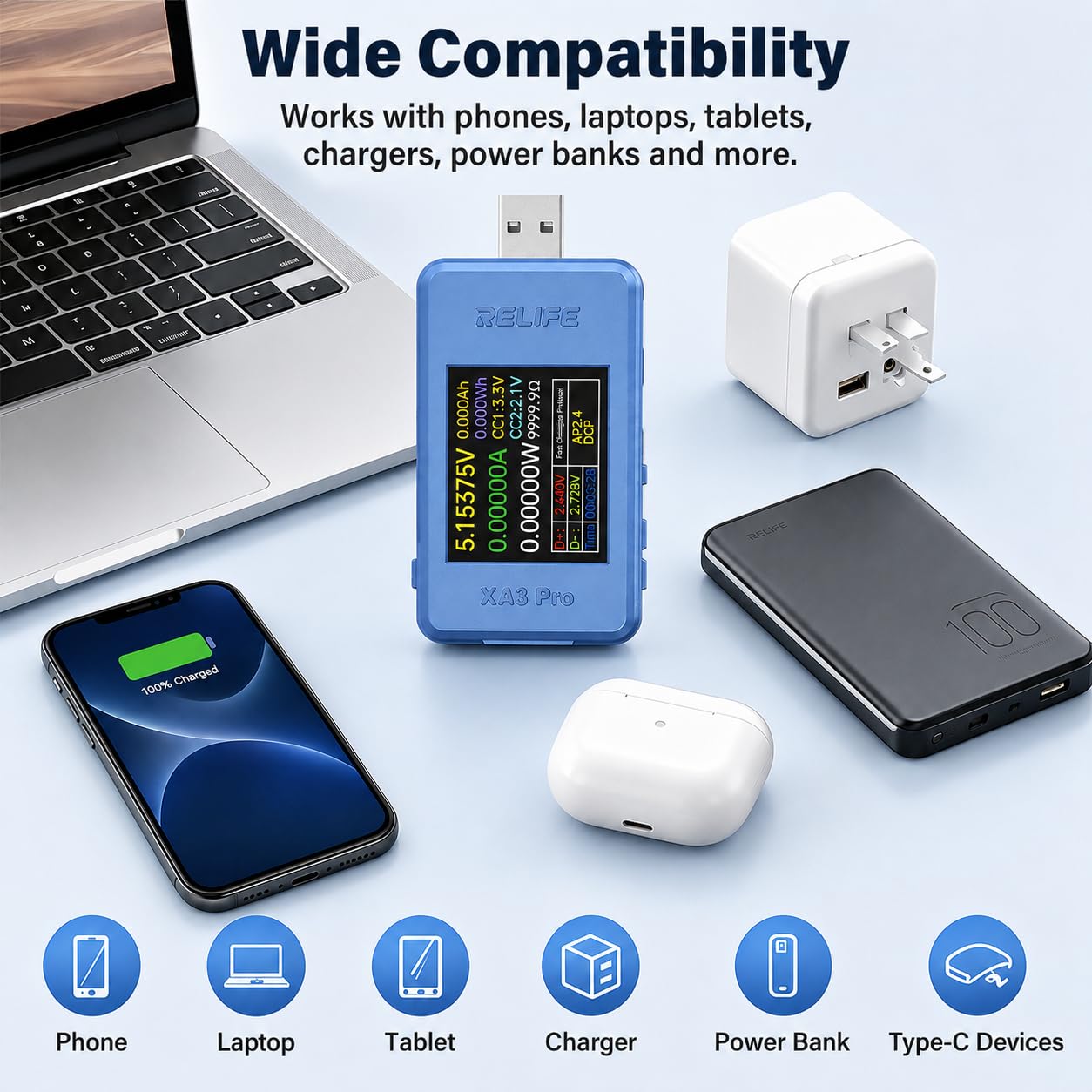 diymore USB Tester 4-24V 6,5A, USB-C Messgerät mit 1,77 Zoll TFT-Farbdisplay, Spannungs-, Strom- und Leistungsmesser, 0,00001 V/A/W, PD/QC-Erkennung, Ripple- & Kabelwiderstand-Test 5