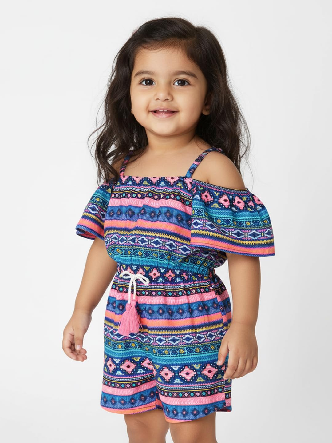 Nautinati Girls Printed Strap Sleeve Jumpsuit with Waist Tie Up | Rayon | Age 0-3 Years White-Yellow 3