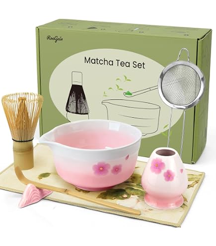 Set Cérémonie Matcha Japonais - Fouet Bambou, Bol Céramique, Cuillère, Passoire, Porte-fouet - Rose - 5 Pièces - Qualité Alimentaire