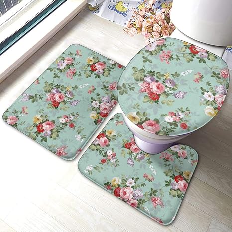 Uliykon Badezimmermatten-Set, Vintage, rosa und rot, elegantes Rosen