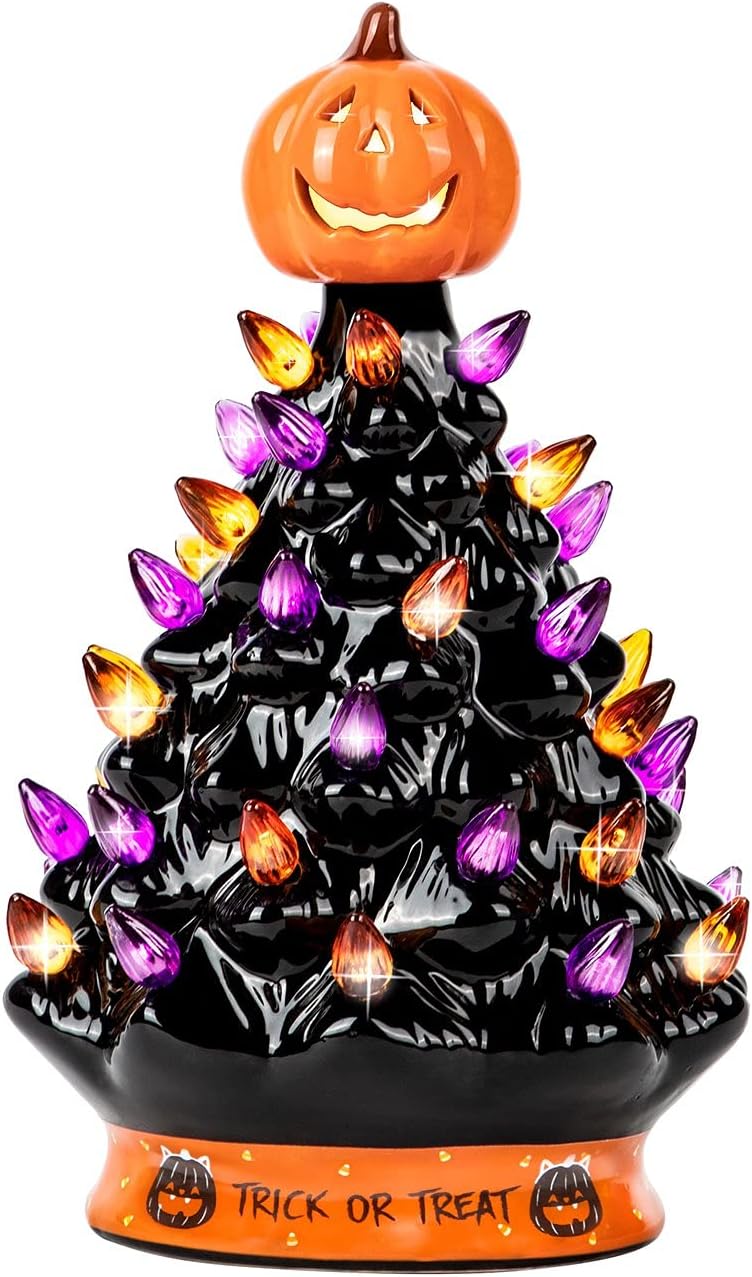 Trees - RJ Legend Christmas Tree - Halloween Decoration Made with Ceramic, Orange Pumpkin Head-Home Decoration-Trick Or Treat- Over 35 Multicolor Bulbs, LED Light Up by Battery - Black, 9 Inch