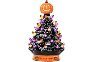 RJ Legend Ceramic Tree - Halloween Decoration Made with Ceramic, Orange Pumpkin Head-Home Decoration-Trick Or Treat- Over 35 Multicolor Bulbs, LED Light Up by Battery - Black, 9 Inch