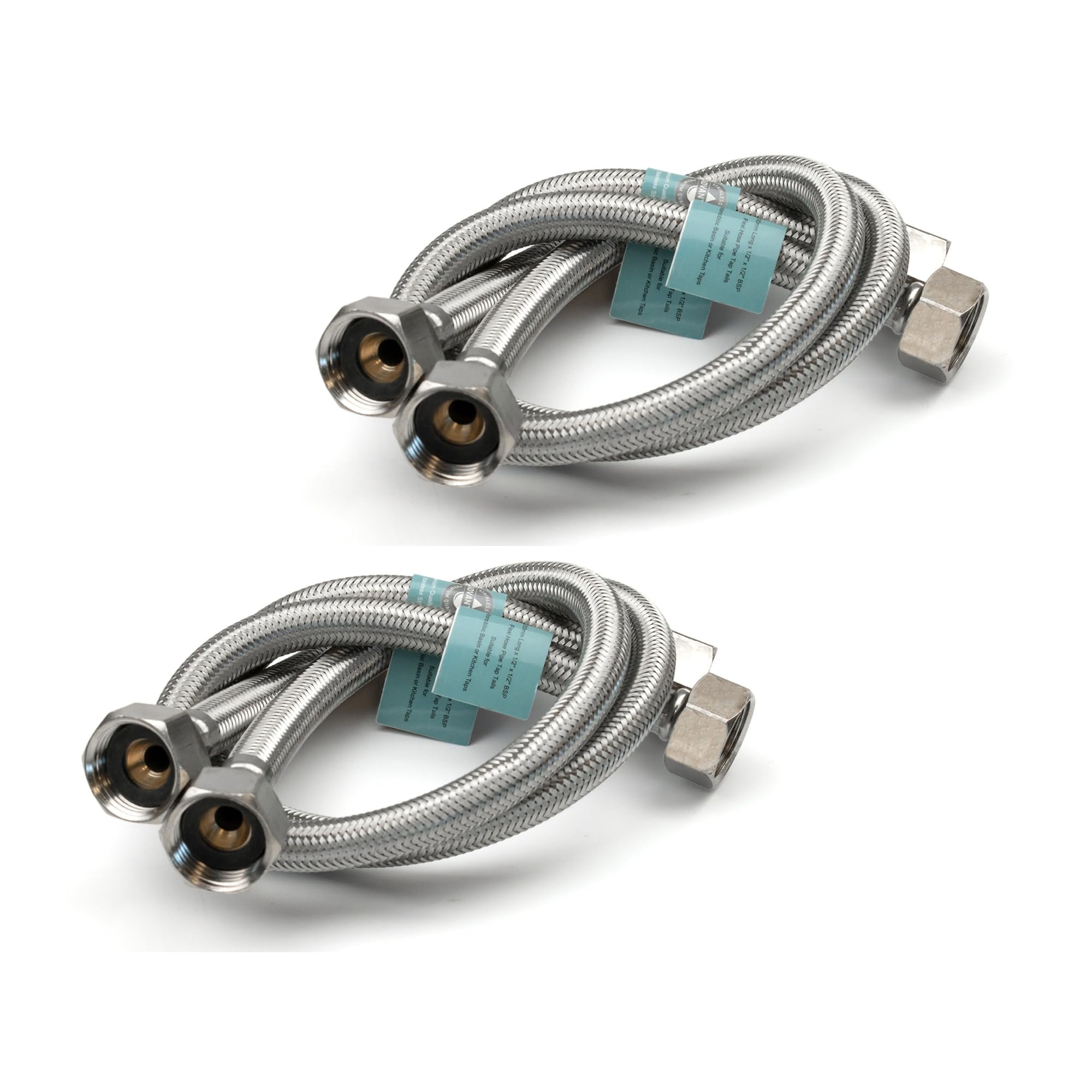 2 Pairs of 1/2" x 1/2" (Female to Female) BSP (500mm) Kitchen Basin Monobloc Mixer Tap Connector Flexible Hose Pipes Tail