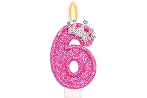 ElekFX Hot Pink Number 6 Birthday Candle, Glitter Crown Cake Topper 2.76 inch, Pink Princess Birthday Party Decorations for Girls 6th Birthday