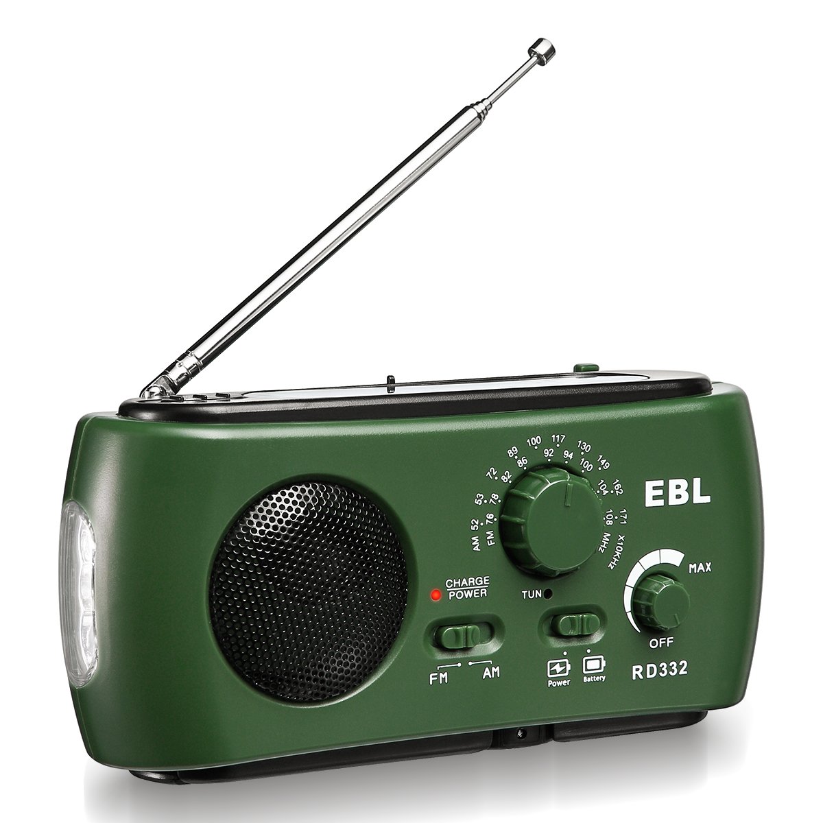 EBL Portable FM/AM Radio Emergency Solar Hand Crank Rechargeable Radio with LED Flashlight for Household Camping Traveling (Green)