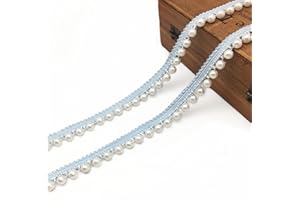 FQTANJU 2 Yards Faux Pearls Lace Ribbon Pearl Fringe Applique, DIY Craft Ribbon Pearl lace Trim for Wedding Party Decoration,Blue