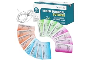 Alcedo Suture Thread with Needle 16 PK (2/0, 3/0, 4/0, 5/0), Non-Absorbable (Nylon, Silk, Polyester, Polypropylene) for Nursing and Students, First Aid Practice Kit Accessories, Education Only