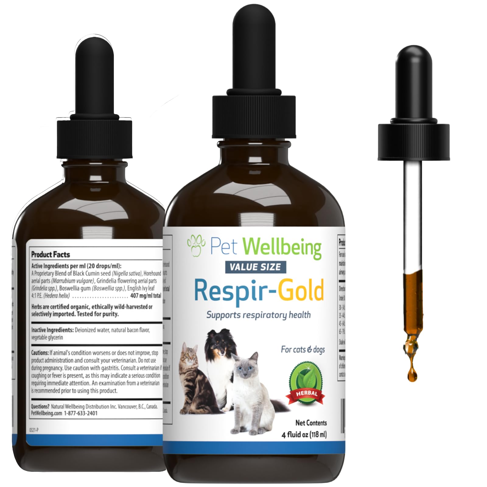 Pet Wellbeing Respir-Gold for Dogs & Cats - Supports Healthy Breathing, Open Airways, Respiratory Support, Black Cumin, Horehound, Grindelia - Veterinarian-Formulated Herbal Supplement 4 oz (118 ml)