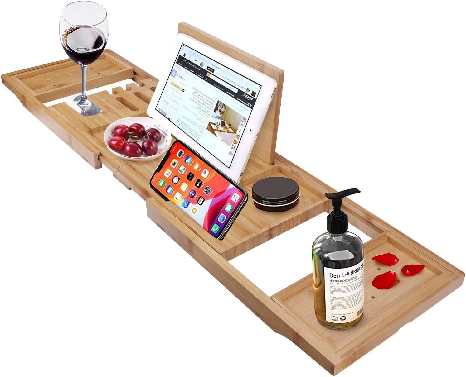 Simcoo Premium Bamboo Bathtub Tray Holding Towels, Wine Glasses, Books, Mobile Phones, Tablets for Home-Spa Experience with Non-Slip Extendable Sides