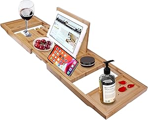 Simcoo Premium Bamboo Bathtub Tray Holding Towels, Wine Glasses, Books, Mobile Phones, Tablets for Home-Spa Experience with Non-Slip Extendable Sides