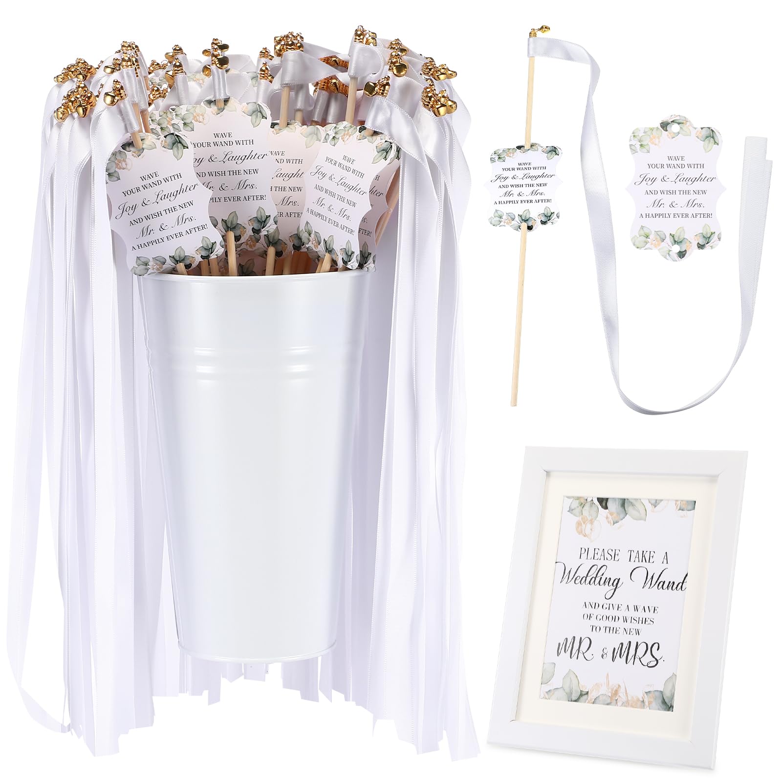 Photo 1 of Baderke 103 Pcs Ribbon Wedding Wands with Tags and Holder Includes 1 Galvanized Metal Bucket 50 Silk Wand 50 Wedding Favor Tags 1 Wand Card 1 Photo Frame for Wedding Anniversary Bridal Decors