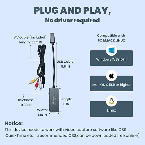 USB Video Capture Card for VHS/HDMI/AV/RCA Analog to Digital Video  Converter VHS to Digital/USB/RCA Conver