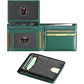 VATAN Wallet for Men Slim RFID Blocking Leather Credit Card Holder Wallet for 15 Cards, Bifold Minimalist Thin Wallet with 2 ID Windows & Cash Slot, With Gift Box (Carbon black and Green)