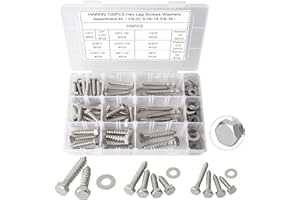 Hakkin 100PCS 1/4" 5/16" 3/8" Hex Lag Bolts Screws Washer Assortment Kit, Hexagon Head Lag Screws 304 Stainless Steel,Heavy Duty Wood Screws Assortment Kit Length Include 1" 1-1/4" 1-1/2" 2"