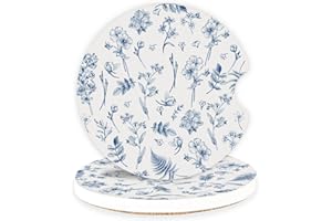 LETHOOLY Ceramic Car Coasters – Absorbent Car Cup Holder Coaster Set for Women, Cute Aesthetic Car Accessories for Girls, 2 Pack, Elegant Blue Floral Pattern