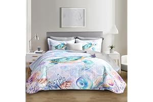 UEVBF Coastal Bedding Sea Turtle Quilted Set,Mermaid Scale Coral Pattern Bed Set for Toddler Kids Girls Beach Themed Room Decor,Queen Quilt Bedding Sets with 2 Pillowcases.