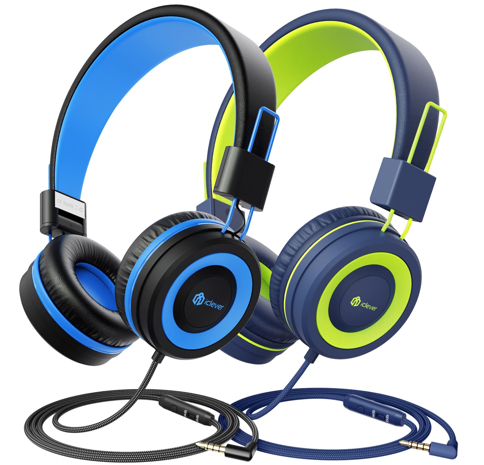 iClever [2 Pack] Kids Headphones with Microphone - Headphones for Boys Girls with Safe Volume Limited 85dB/94dB, Adjustable Foldable for Online School/Travel/Tablet Image