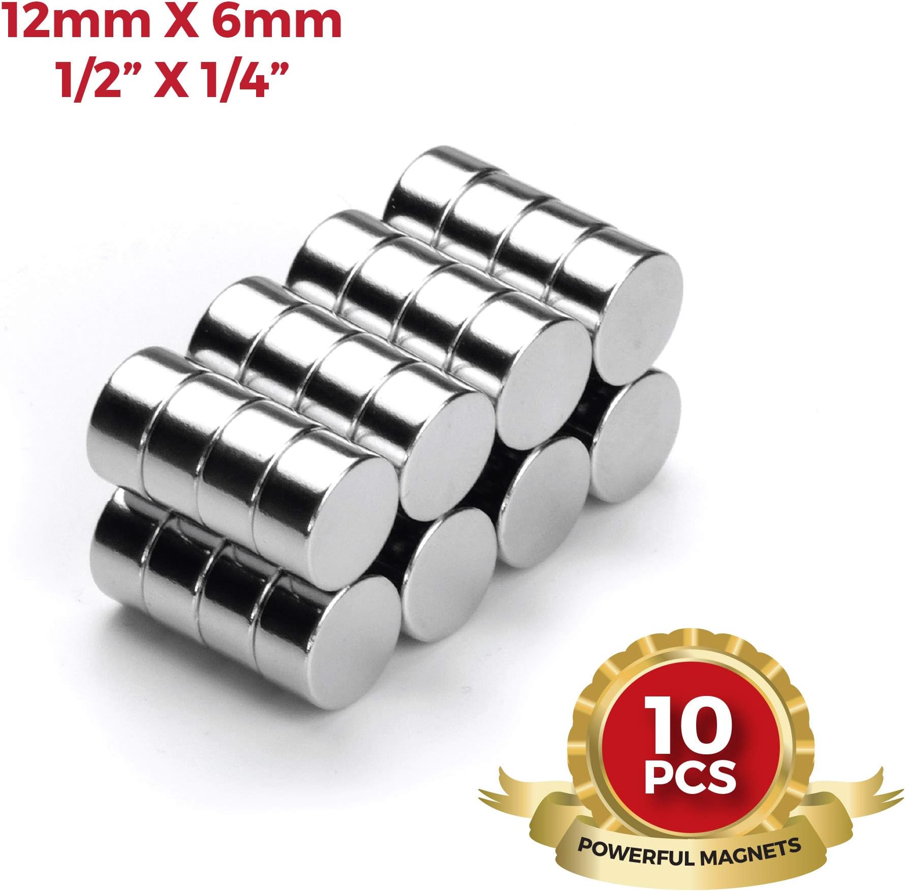 12mm x 6mm 1/2" x 1/4" Round Disc Magnets 12x6mm for Refrigerator, Science, Crafts, Arts, Whiteboard, DIY, by NEOGAUSS N52 (10)
