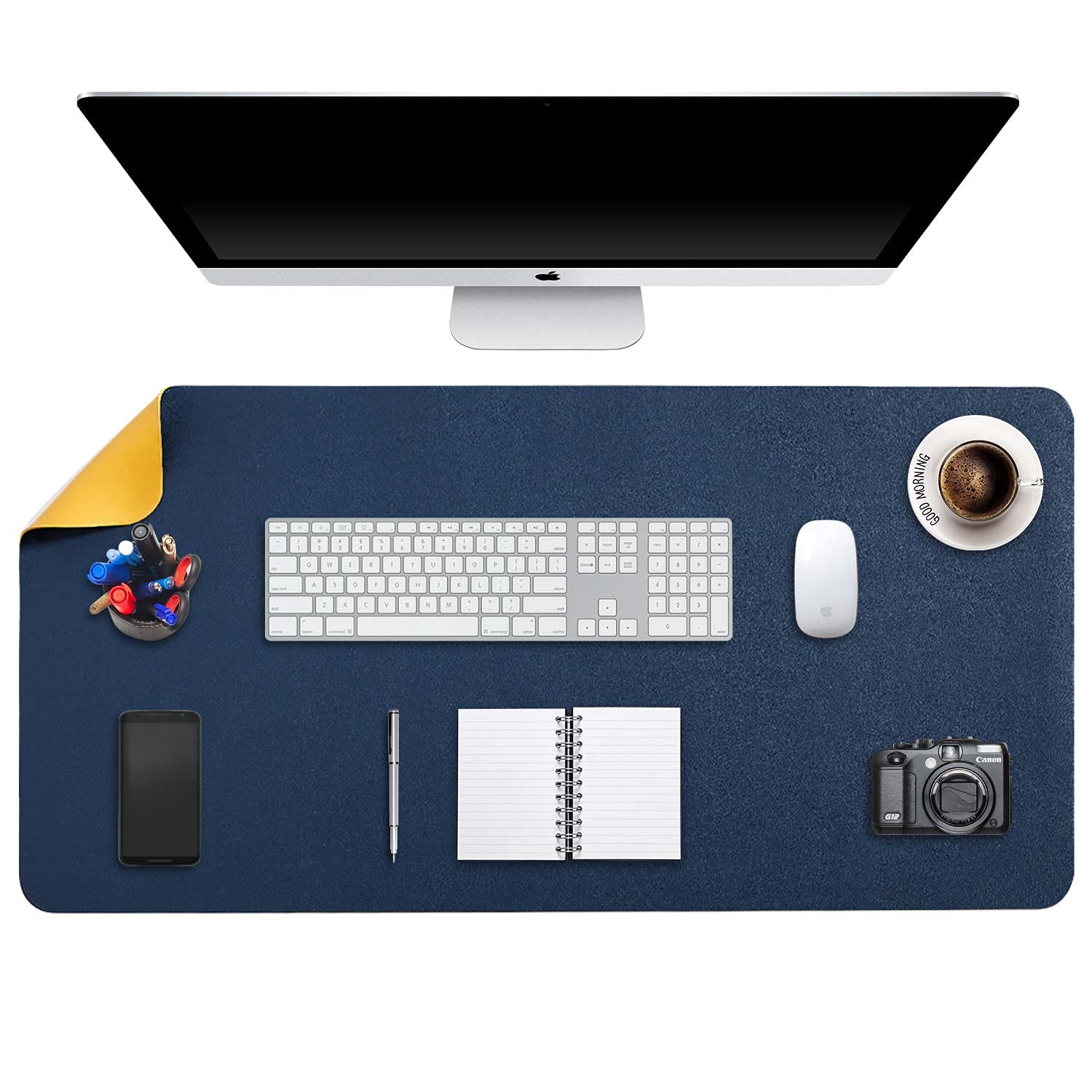 Desk Pad Large, Desk Mat, Extended Mouse Mat, Mouse Pad XXL, Desk Blotter, DOBAOJIA Laptop Pad Writing Pad for Office/Home, Dual-Side Use PU Leather Waterproof 35.4" X 16.9" (Navy Blue/Yellow)