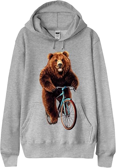 Amazon ノーブランド品 自転車にのる熊 クマ グレー Lサイズメンズ フード付きパーカー オリジナルプリント 通販