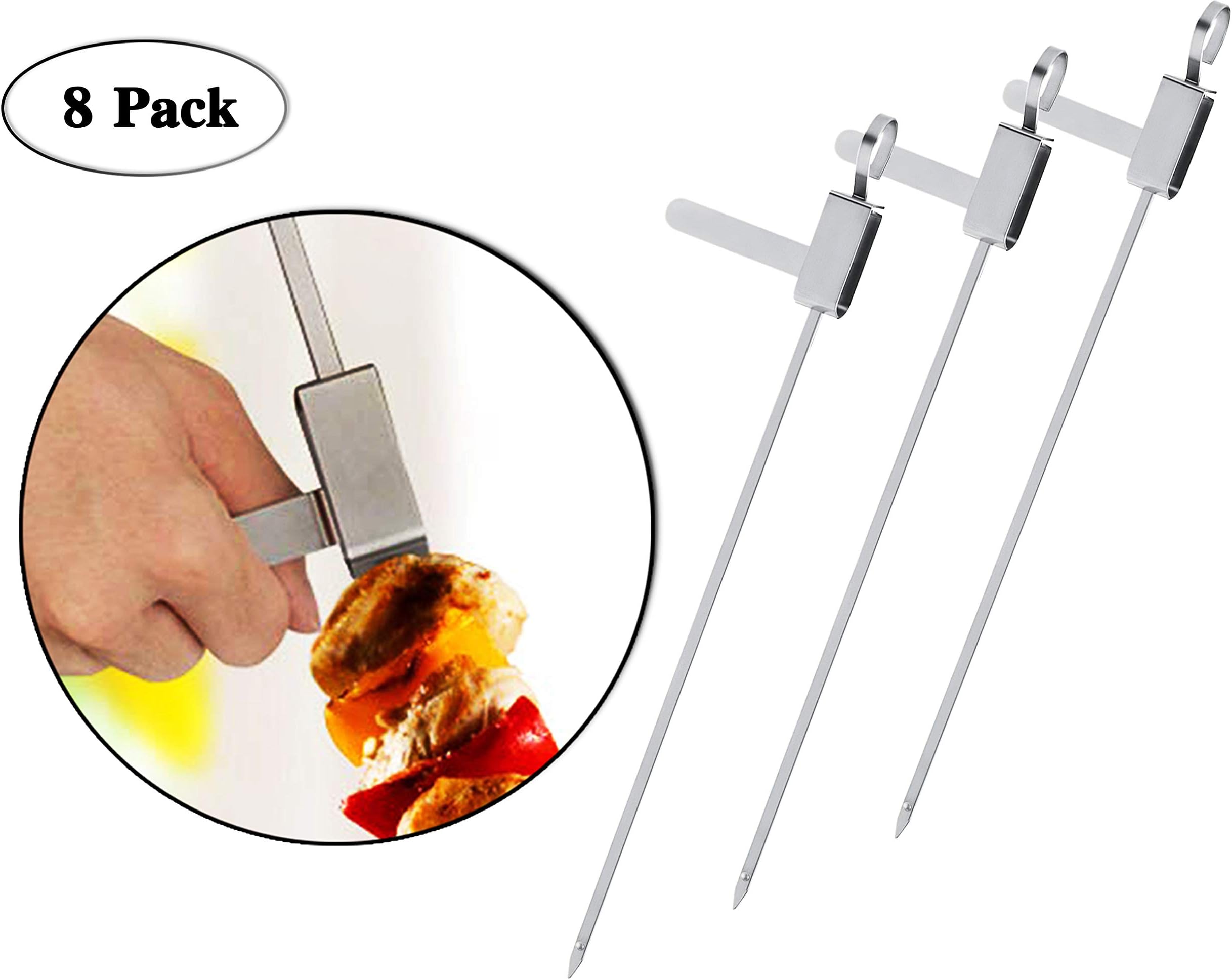 Irisvito Barbecue Skewers Stainless Steel Kabob Skewers with Quick Release Handle Slider for Shish Kabob, 15 inch Reusable Flat Shish Kabob Sticks for Shrimp, Meat, Chicken, Veggies, 8 Pack