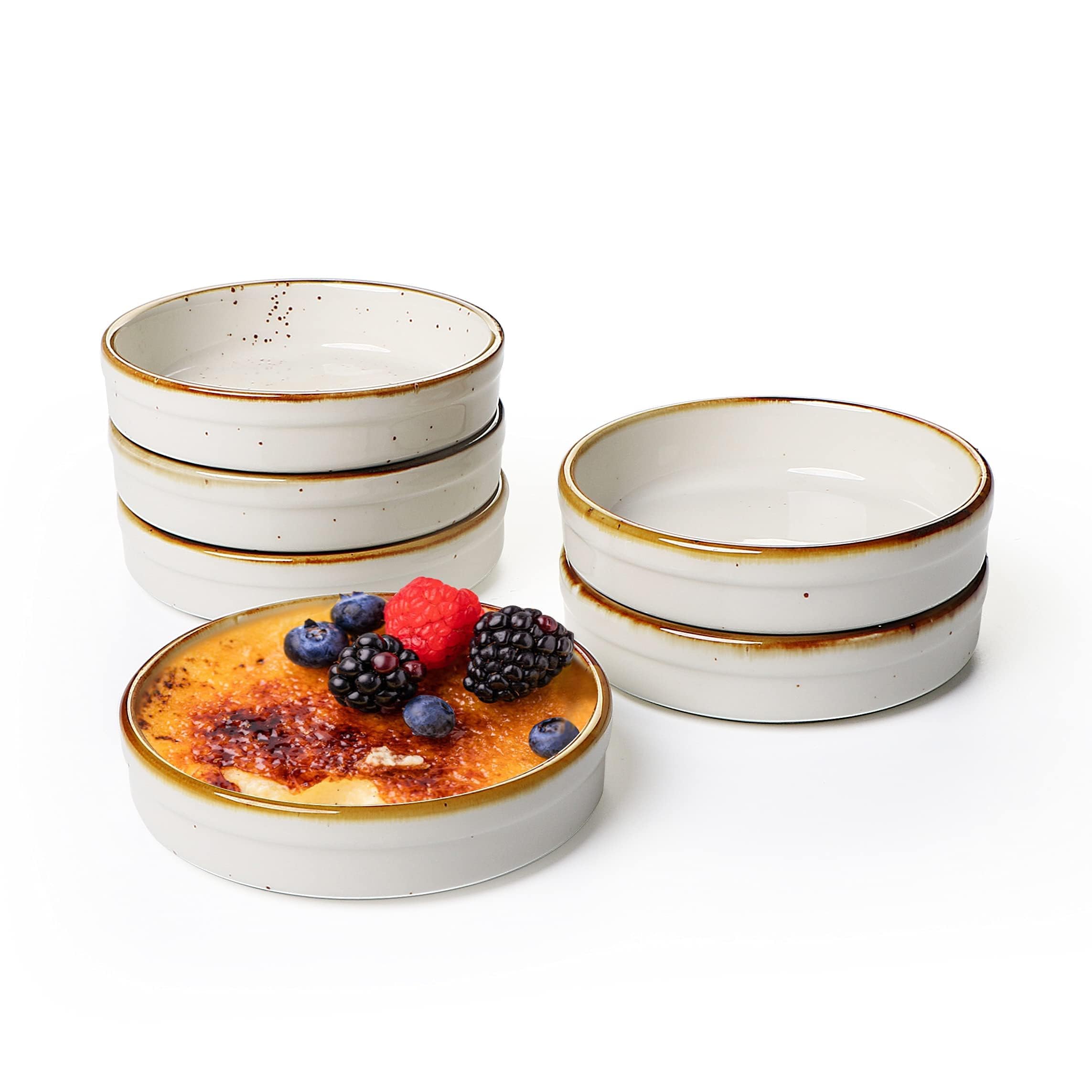 Onemore Ramekins set of 6, 4.5inch Shallow Crème brûlée Dish, souffle ramekins oven safe, Cream White