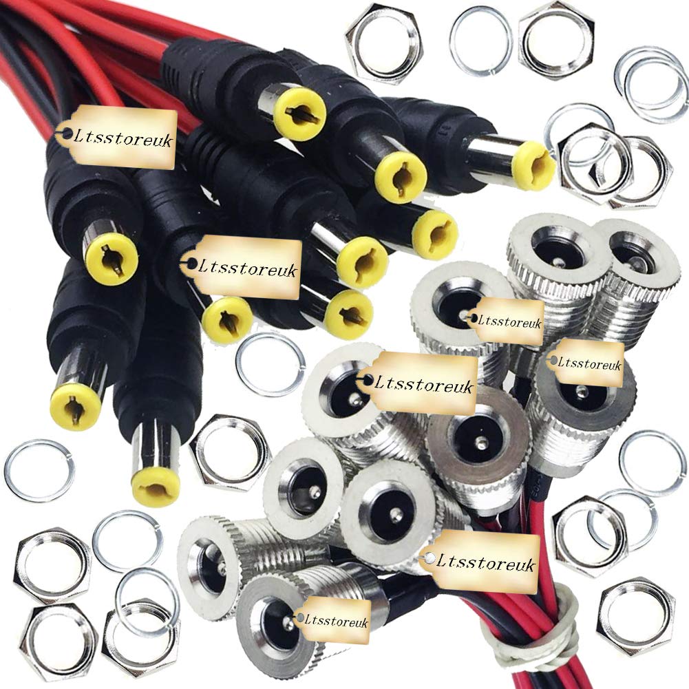Lsgoodcare 20Pcs 5.5 x 2.1MM 8A-10A DC Power Connector Jack Socket Threaded Female Adapter with Cable & 5.5MM x 2.1MM 12V Pure Copper Male DC Power Pigtail Cable