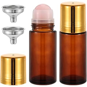 2 Pack 1.7oz Large Amber Glass Roll on Bottles for Essential Oils, Perfume Deodorant Containers with Rose Quartz Roller Ball,