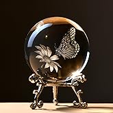 IFOLAINA 3D Butterfly Crystal Ball 60mm Gifts Ideas for Girlfriend Wife Mom Couple Her Butterfly on Sunflower in Glass Ball with Stand Flower Sphere Novelty Home Decor