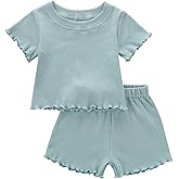 Dimoybabe Toddler Baby Girl Summer Clothes Ribbed Knit Cotton Cute Summer Outfits Short Sleeves 2 Pieces Shorts Set 12M - 5T