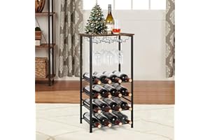 NANANARDOSO Wine Rack Table, FreeStanding Wine Bar Rack with GlassBottle Holder, Metal and Wood Industrial Wine Cabinet for Home, Floor Liquor Wine Cabinet Storage for Kitchen Dining Room, Brown