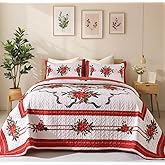 EVENHUG Quilt King Size Red Bedding Set Floral Bedspread Lightweight Reversible Bed Cover with 2 Pillow Shams for All Seasons 3 Pieces (106"X96")