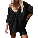 Ekouaer Womens 2 Piece Lounge Set 2025 Summer Outfits Oversized V Neck Tshirts Biker Short Comfy Airport Loungewear