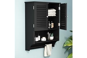 ChooChoo Bathroom Wall Cabinet with Towels Bar, 23.6" L x8.9 W x29.3 H MDF Material Medicine Cabinet, 2 Doors Over The Toilet Space Saver Storage Cabinet with Large Space, Black