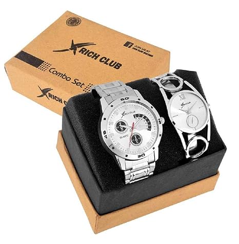 Rich Club Set of 2 Addictive Silver Analogue Couple Watch for Men and Women (27-SLV+DB-SLV)