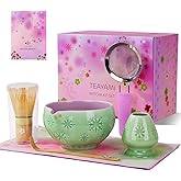TEAYAMI Matcha Whisk Set, 6pcs Matcha Kit Set Includes Matcha Bowl, Innovative Bamboo Whisk & Scoop with Cute Charm, Chasen Holder, 304 Sifter & Tea Mat for Japanese Tea Ceremony, Jade Green