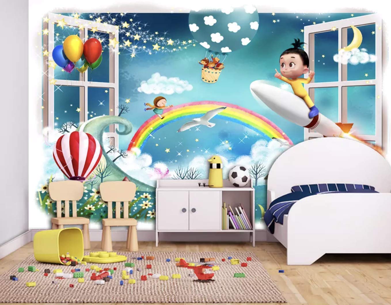 Amazon Com Murwall Kids Wallpaper Cartoon Little Kids Wall Mural Hot Air Balloon Wall Art 3d Rainbow Childroom Wall Decor Baby Room Girls Boys Bedroom Handmade