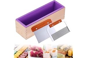 Ogrmar Silicone Soap Molds Kit-42 oz Wooden Silicone Rectangular Mold with Stainless Steel Wavy & Straight Scraper for Soap Cake Making (Purple)