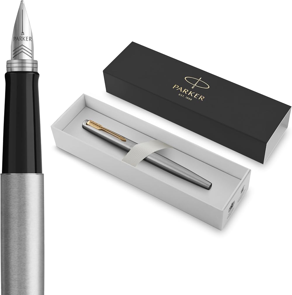 Parker Jotter Fountain Pen Stainless Steel Gold Trim Medium Nib Blue Ink